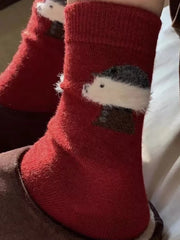 Winter Women Socks Vintage Style Knit Wool Casual Socks Thick Warm red Socks
