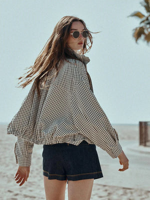 Gingham Cropped Zip-Up Jacket