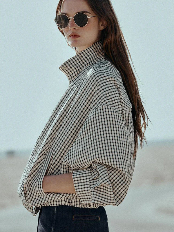 Gingham Cropped Zip-Up Jacket
