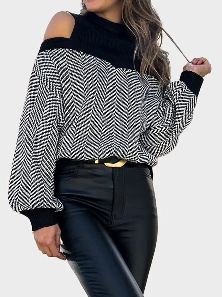 Women's Striped Cold Shoulder Oversized Sweaters