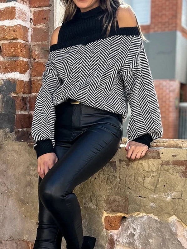 Women's Striped Cold Shoulder Oversized Sweaters