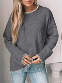 Womens Crewneck Pullover Sweater Long Sleeve Knit Slit