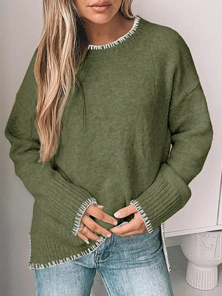 Womens Crewneck Pullover Sweater Long Sleeve Knit Slit