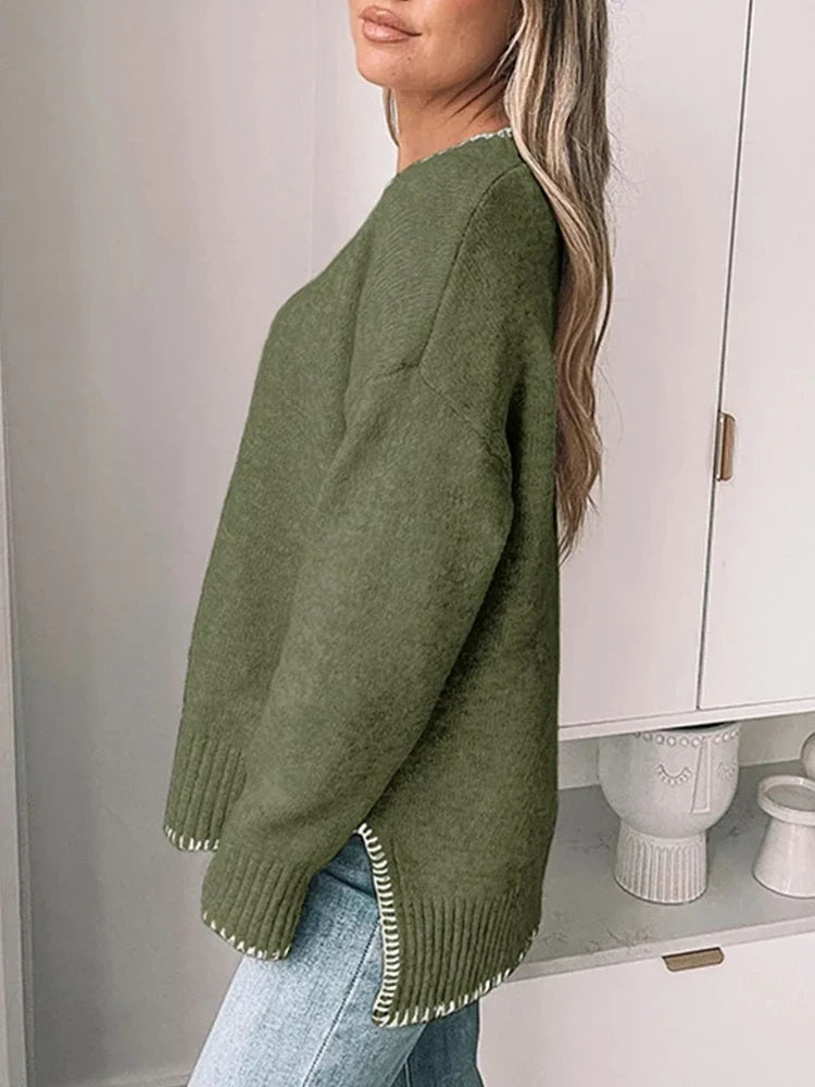 Womens Crewneck Pullover Sweater Long Sleeve Knit Slit