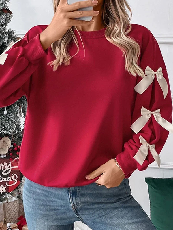 Women's round neck Christmas Sweatshirts with bow