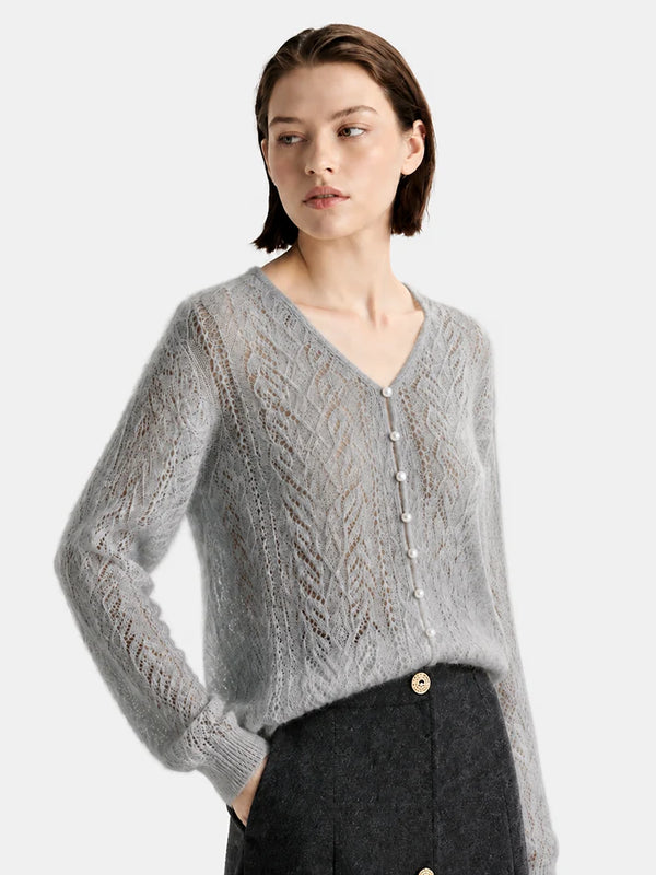 Cashmere-Silk Openwork V-Neck Sweater