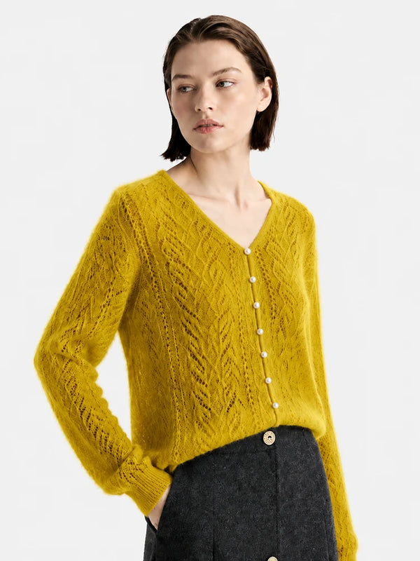 Cashmere-Silk Openwork V-Neck Sweater