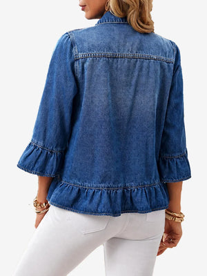 Women’s Vintage Ruffle Denim Jacket – Washed Cropped Long Sleeve Jean Jacket