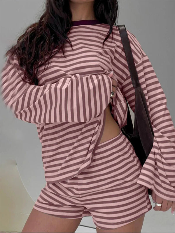Women’s Cozy Striped Lounge Set – Loose Fit Long Sleeve Top & Shorts