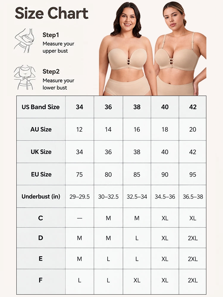 Plus-Size Women's Strapless Double Front Clasp Push-Up Bra (Fits D/DD/F Cups)