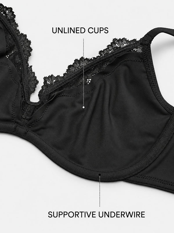 Women's Unlined Lace Plunge Bra – Deep V Balconette Underwire Demi Bra