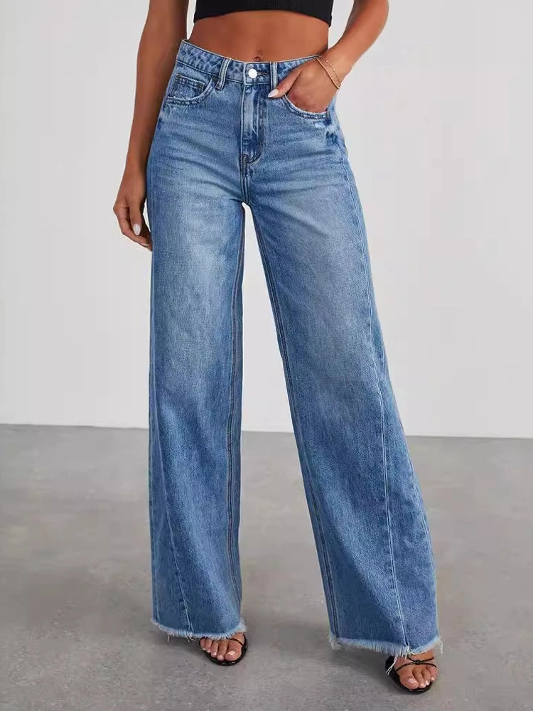 Wide Leg Side Seam Stitching Frayed Hem Jeans