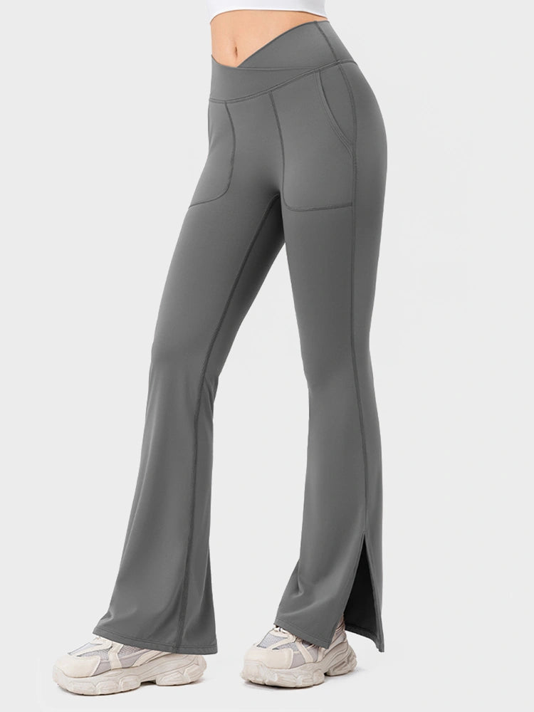 Womens Flare Leggings with Slit Hem High Waist Bootcut Yoga Pants Workout Tummy Control Flared