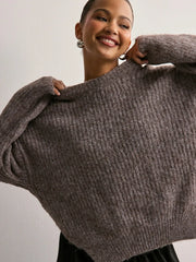 Women's Crew Neck Knitted Hem Loose-Fit Long-Sleeve Sweater