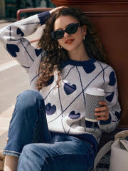 Women's Cute Heart Jacquard Round Neck Cropped Sweater