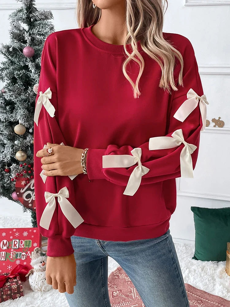 Women's round neck Christmas Sweatshirts with bow
