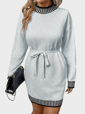 Casual Striped Mock Neck Color-Block Sweater Dress