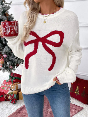 Women's Bow Print Drop Shoulder  Sweater