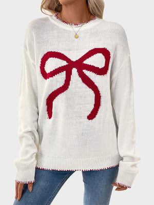 Women's Bow Print Drop Shoulder  Sweater