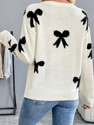Women's Bow Print Sweaters round neck Lightweight Sweater Pullovers Knit Top