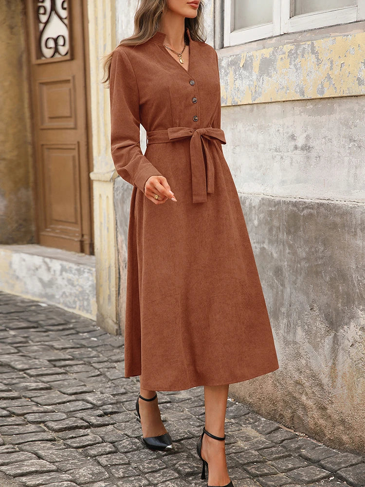 Corduroy V-Neck Dress – Versatile Commuter Office Style