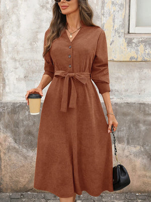 Corduroy V-Neck Dress – Versatile Commuter Office Style