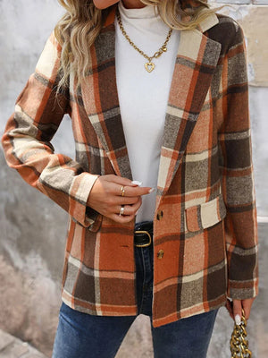 Women’s Plaid Classic Lapel Collar Double Breasted Open Front Blazer