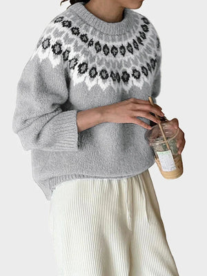 Women's ethnic style long-sleeved round neck Fair Isle sweater