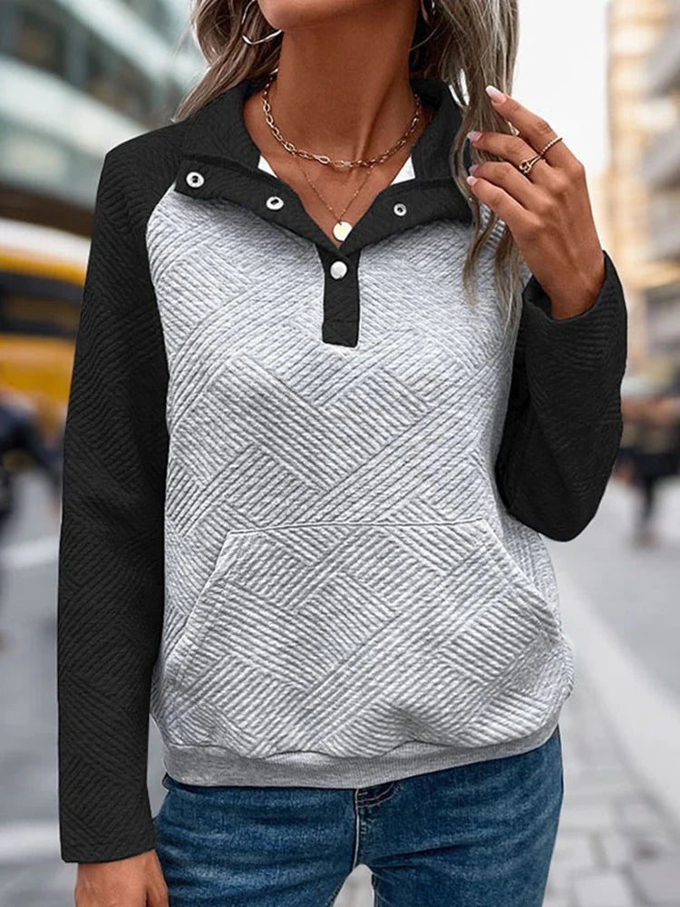 Womens  Sweatshirt Collared Polo Color Block Long Sleeve Pullover Tops with Pocket