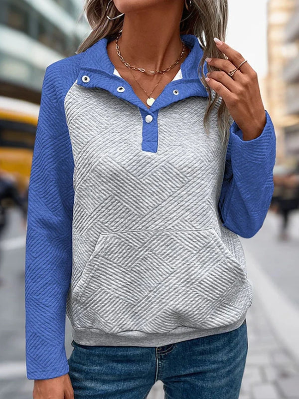 Womens  Sweatshirt Collared Polo Color Block Long Sleeve Pullover Tops with Pocket