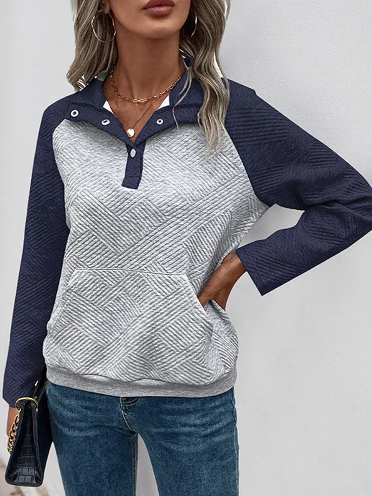 Womens  Sweatshirt Collared Polo Color Block Long Sleeve Pullover Tops with Pocket