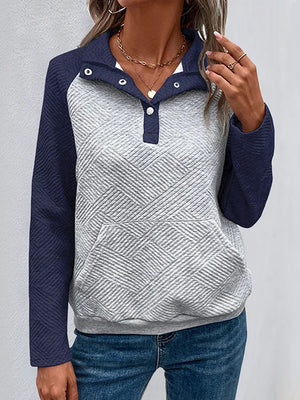 Womens  Sweatshirt Collared Polo Color Block Long Sleeve Pullover Tops with Pocket