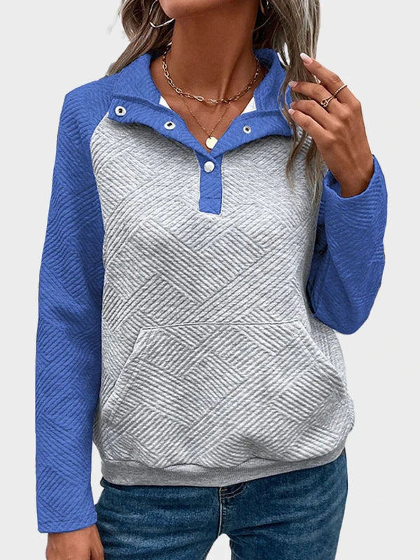 Womens  Sweatshirt Collared Polo Color Block Long Sleeve Pullover Tops with Pocket
