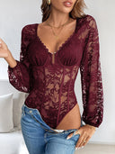 Women Deep V-Neck Embroidery Lace Bell Long Sleeves  Bodysuit