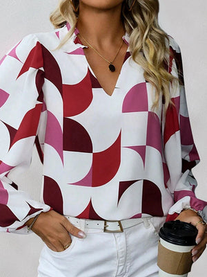 Womens V Neck  Brown Abstract Print Puff Sleeve Loose Blouse
