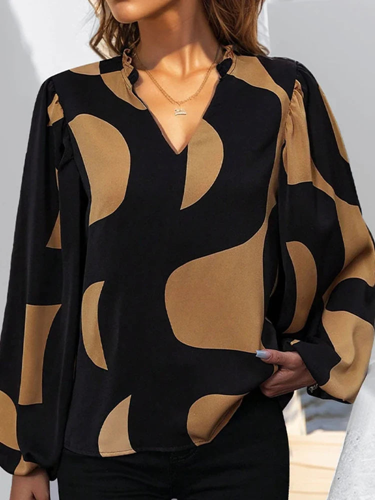 Womens V Neck  Brown Abstract Print Puff Sleeve Loose Blouse