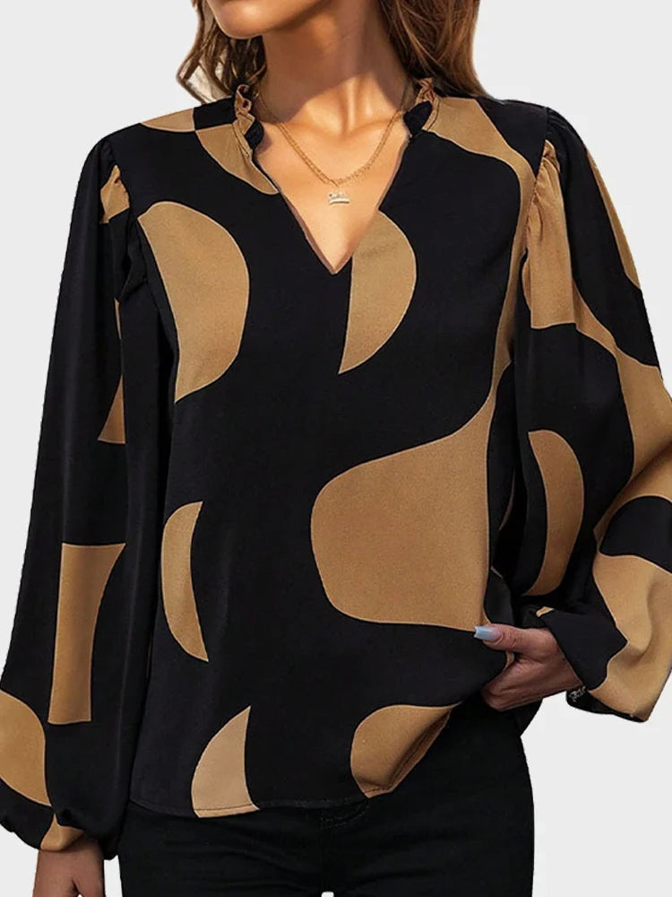 Womens V Neck  Brown Abstract Print Puff Sleeve Loose Blouse