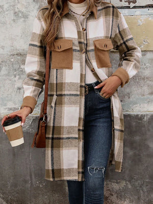 Women's Plus Size Long Flannel Plaid Shacket Jacket