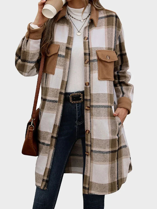 Women's Plus Size Long Flannel Plaid Shacket Jacket