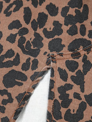 Women's High-Waisted Leopard Print Denim Skirt with Slit