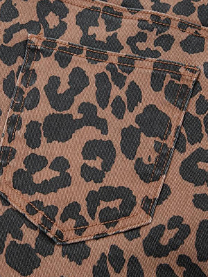 Women's High-Waisted Leopard Print Denim Skirt with Slit