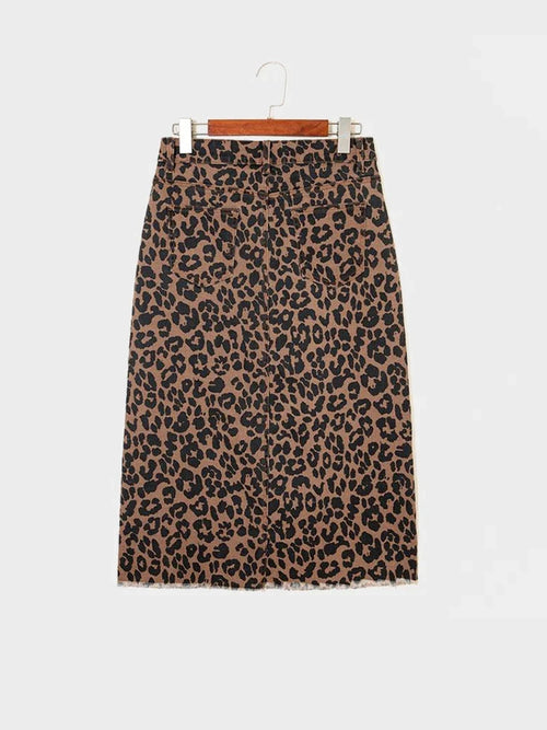 Women's High-Waisted Leopard Print Denim Skirt with Slit