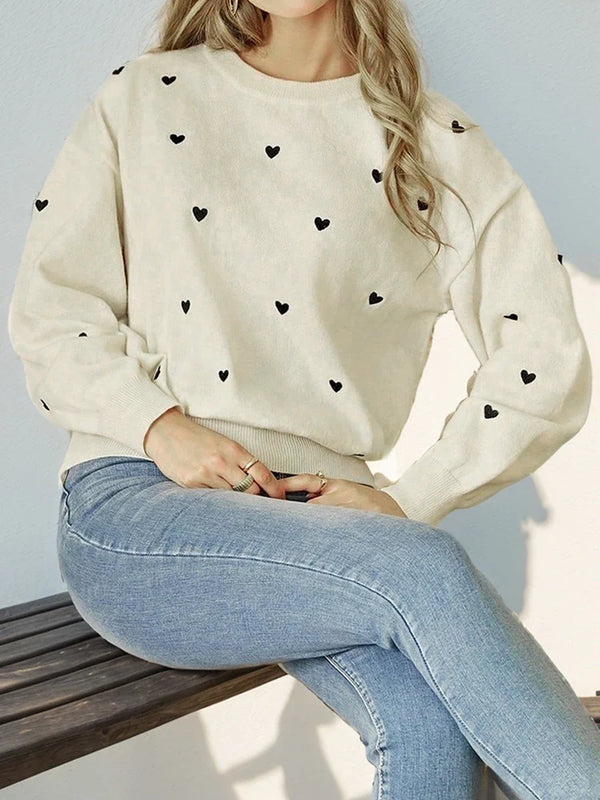Women's Heart Print Crew Neck Sweater