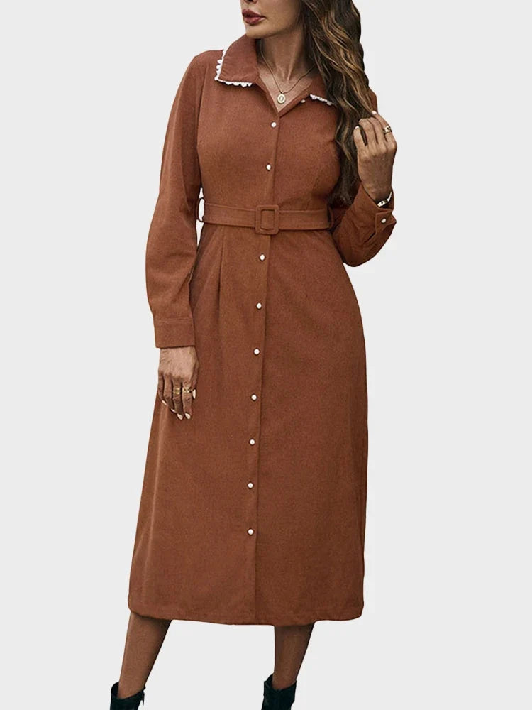 Women's Corduroy Long Sleeve Cord Button Down Maxi Dress
