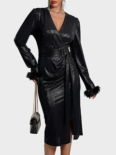 Women's Deep V Neck Long Sleeve Ruched Bodycon Split Party Maxi Dress
