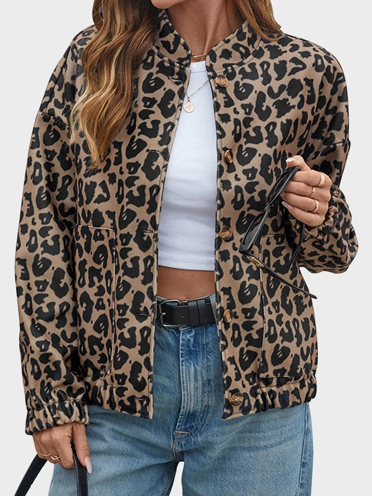 Women's Leopard Print Retro Button Down Stand Collar Casual Coat with Pockets