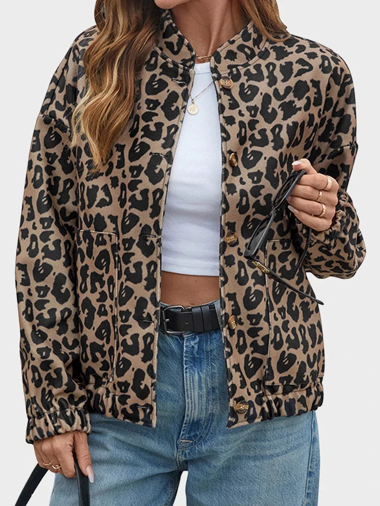 Women's Leopard Print Retro Button Down Stand Collar Casual Coat with Pockets