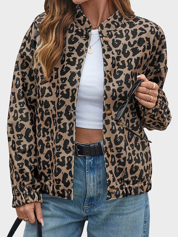 Women's Leopard Print Retro Button Down Stand Collar Casual Coat with Pockets