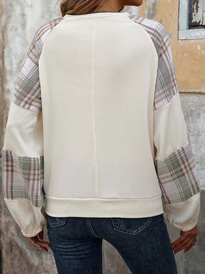 Women's loose-fitting plaid color-blocked crew neck sweatshirt