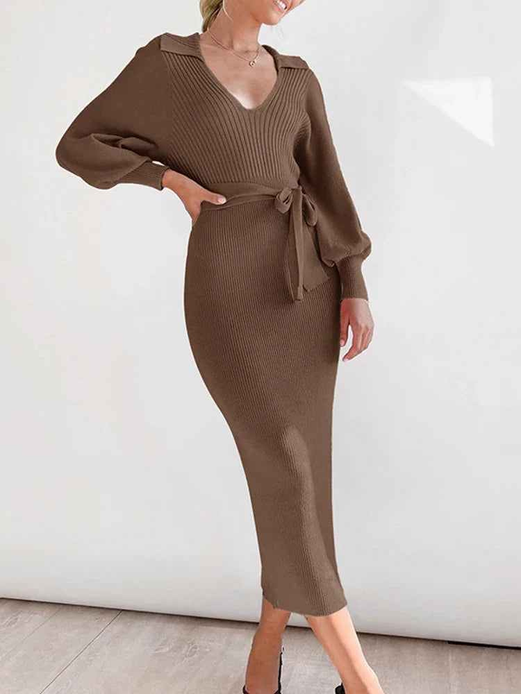 Womens Knit  V Neck Tunic Long Sleeve Fall Sweater Dresses